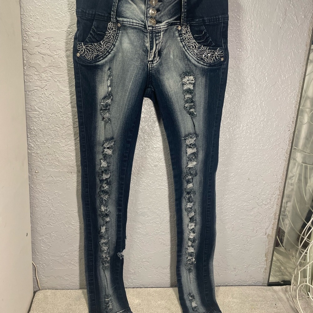 Embroidered Distressed Skinny Jeans